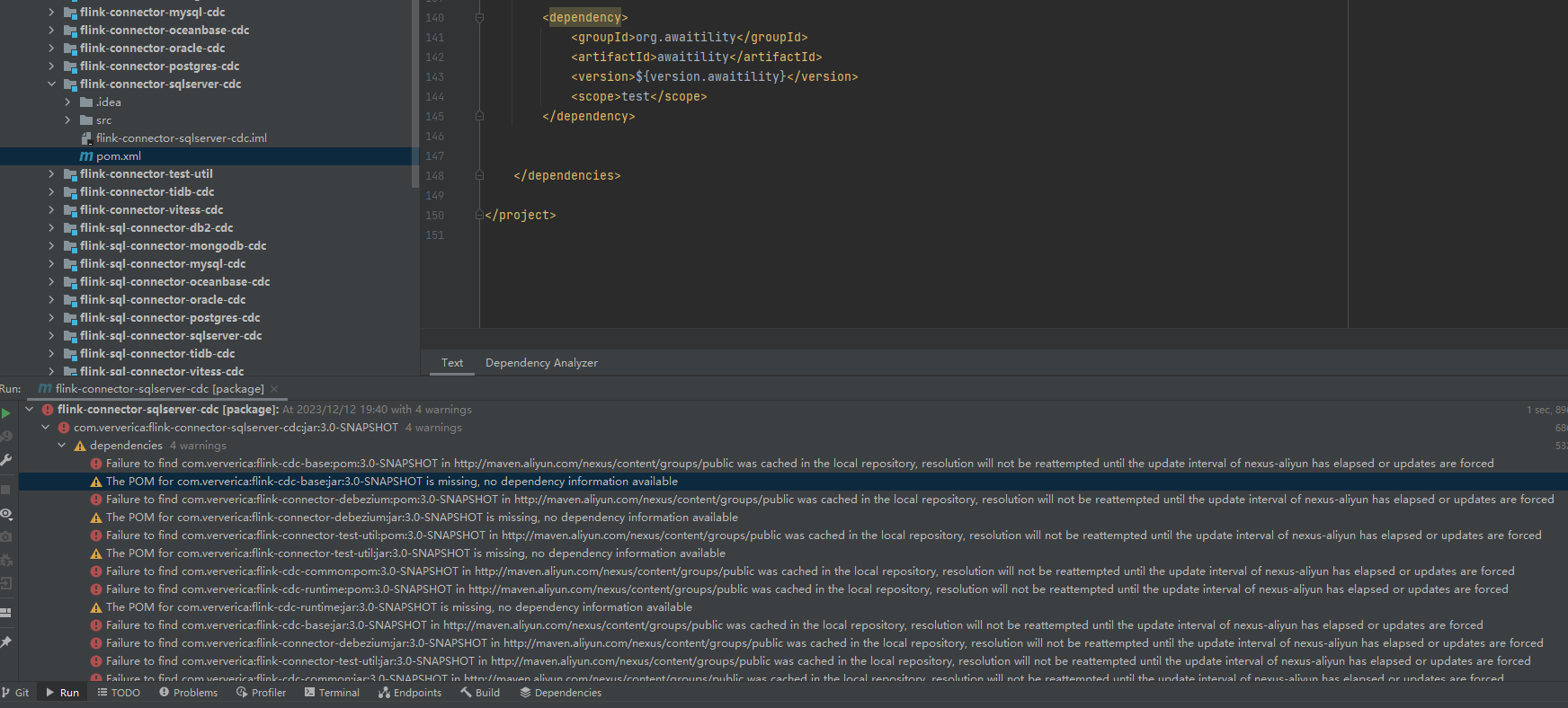 在编译Flink CDC Sql server 时候报下面的错误。请问哪里配置的不对吗？-[阿里云_云淘科技]