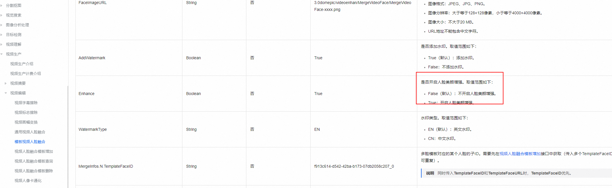 视觉智能平台接口文档人脸增强这个参数在哪看呢？-[阿里云_云淘科技]