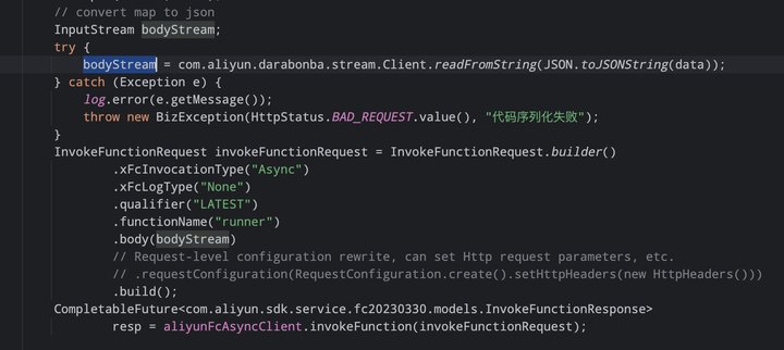 函数计算中，这个 Java 异步的 demo 跑不起来啊，为什么bodySyream 变量没有创建？-[阿里云_云淘科技]